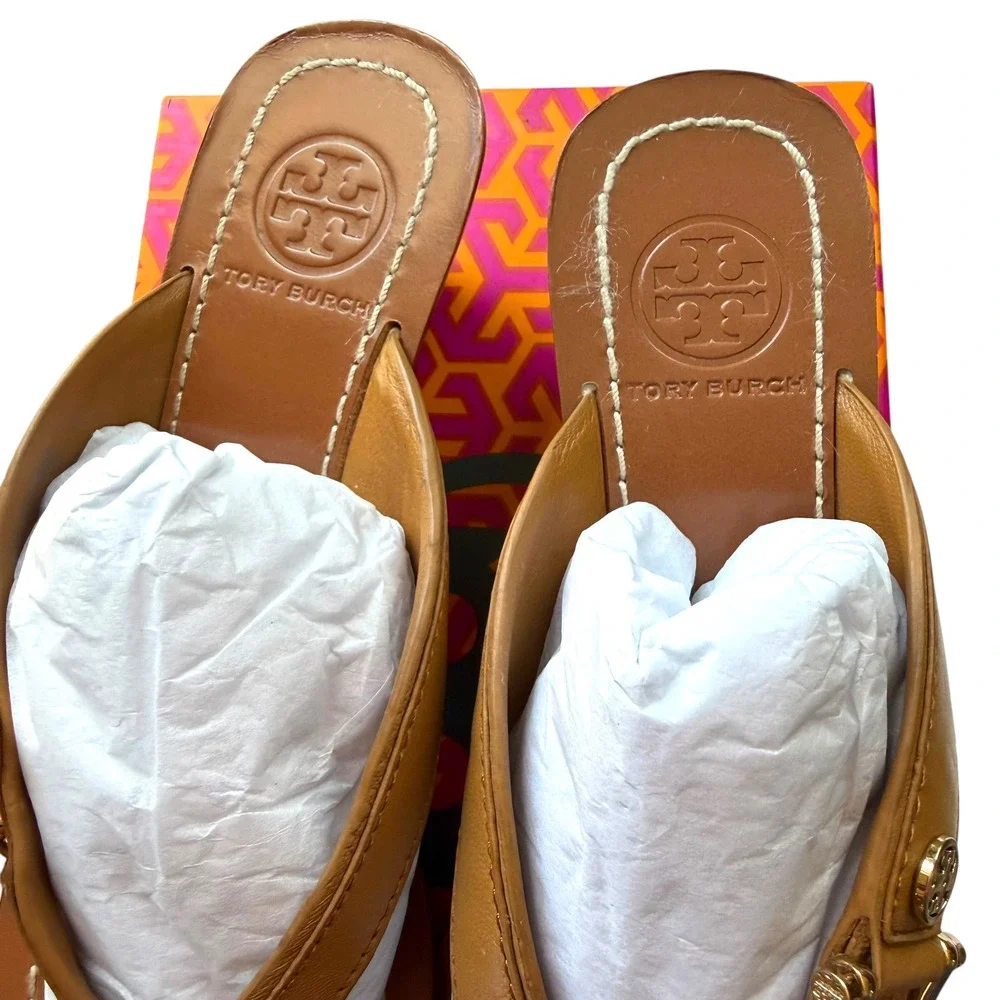Tory Burch Nora 50mm Wedge Sandals Royal Tan Leather Gold Logo 5.5